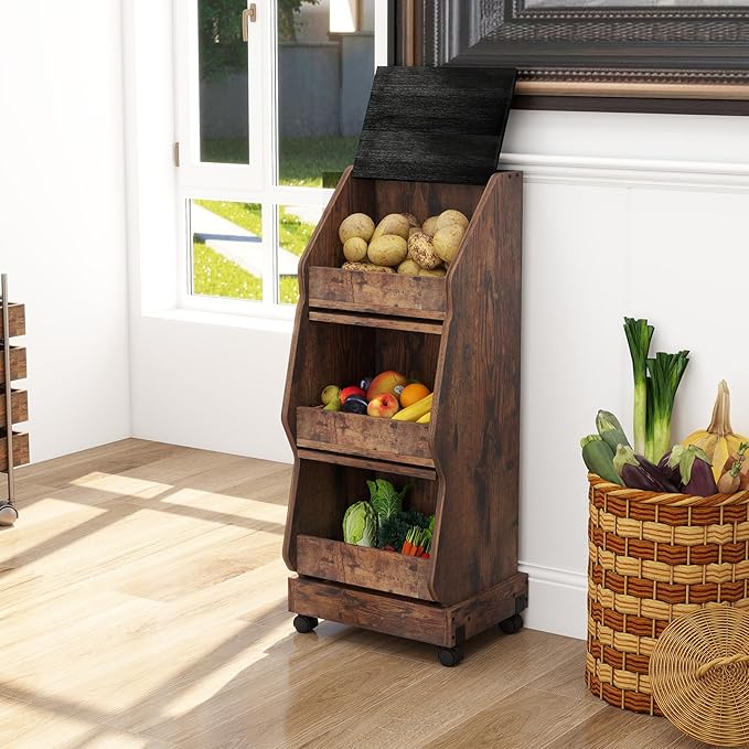 ARTETHYS Potato Storage Bin Movable Bread Box with Lid Rustic and Wheels Onion Organizer with Grocery Section Decorative Vegetable Organization Cabinet for Kitchen