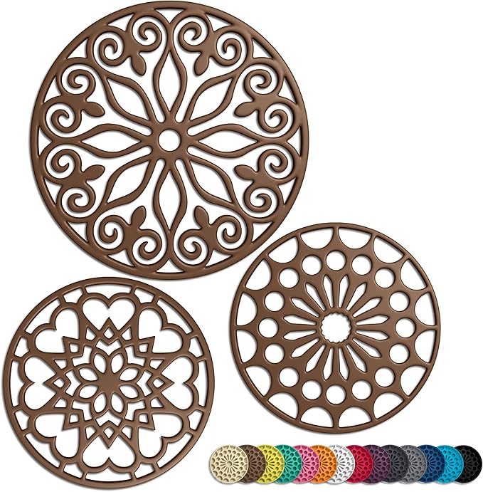 3 Set Silicone Trivet Mats with 1 Extra Large Included | Intricately Carved Insulated Flexible Durable Non Slip Thick Round Premium Trivets for Hot pots and Pans | Brown Sugar