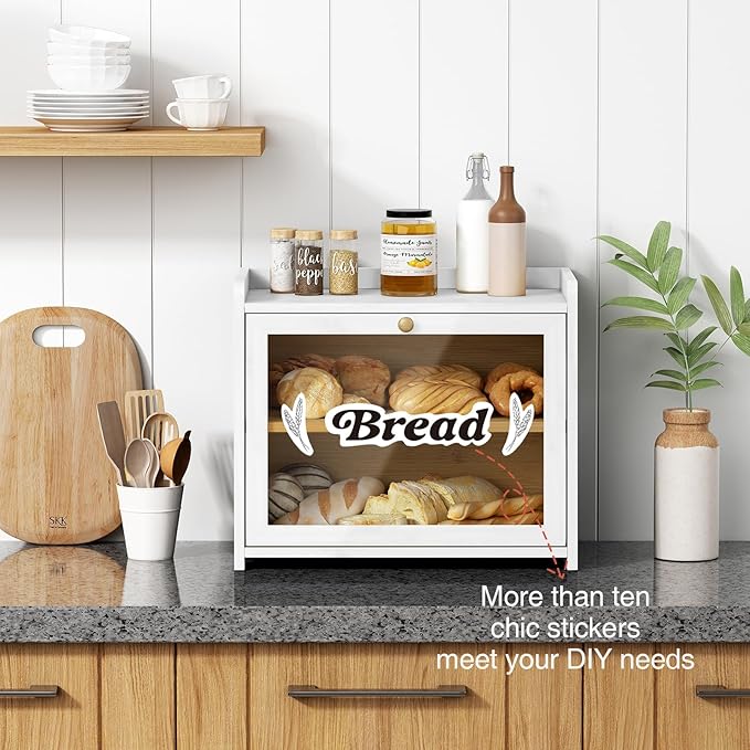 White Double Layer Bread Box for Kitchen Countertop, 2 Tier Counter Breadbox for Homemade Bread, Large Bread Storage Container Holder Keeper for Sourdough Loaf Storage (Bamboo Wood)