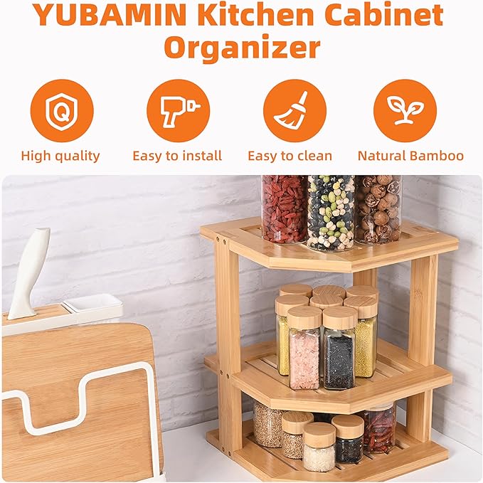 Bamboo Kitchen Cabinet Organizer, 3 Tier Spice Rack Organizer for Cabinet, Space-Saving Spice Corner Shelf, Multi-Purpose Kitchen Counter Shelf for Spices, Plates, Fruits, Bread and Canned