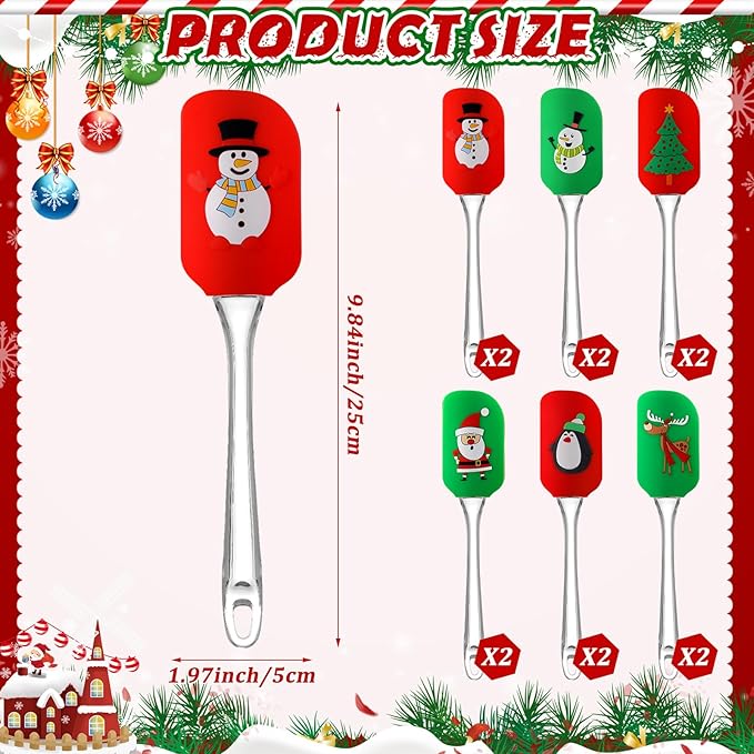 Layhit 12 Pcs Christmas Silicone Spatula Xmas Decorating Pattern Spatula with Plastic Handle Christmas Kitchen Utensils Holiday Cute Pan Scraper for Cake Cooking Baking Cookie Mixing Stir Butter Cream