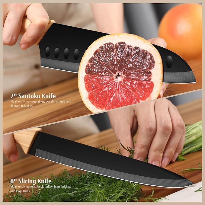 hecef Vintage Kitchen Knife Set of 6, Dishwasher Safe, Sharp Knives with Stainless Steel Blade, Lightweight Handle, Non-stick Coating Set Includes 7", 5", 3.5" Knives