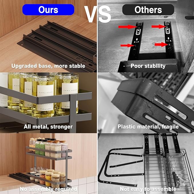 4 Pack Pull Out Spice Rack Organizer for Cabinet, 2 Tier Metal Slide Out Seasoning Organizer and Storage Heavy Duty Vertical Spice Rack Shelf Pullout for Kitchen Cabinets No Drilling (Black)