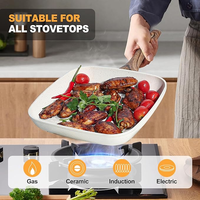 3 Pieces Nonstick Grill Pan Set – Square Griddle Pans with Wooden Handle, Compatible with All Stovetops, Perfect for Steak, BBQ, Vegetables (9.5", 10.2", 11") Ivory