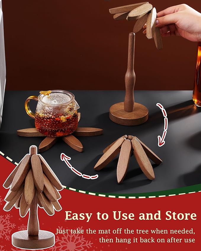 Wooden Trivets Tree for Hot Dishes, 2 Sets Wood Coaster for Hot Pots and Pans, Christmas Tree-Shaped Stackling Trivets with Organizer, 8 Inch Decorative Wooden Hot Pads, 6PCS Dark Walunt