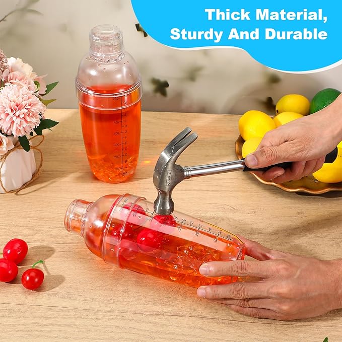 8 Pcs Plastic Cocktail Shaker Drink Mixer with Scales and Strainer Top Clear Shaker Cup with Measurement Plastic Bar Mixing Tool for Tea Coffee Bubble Tea Milk