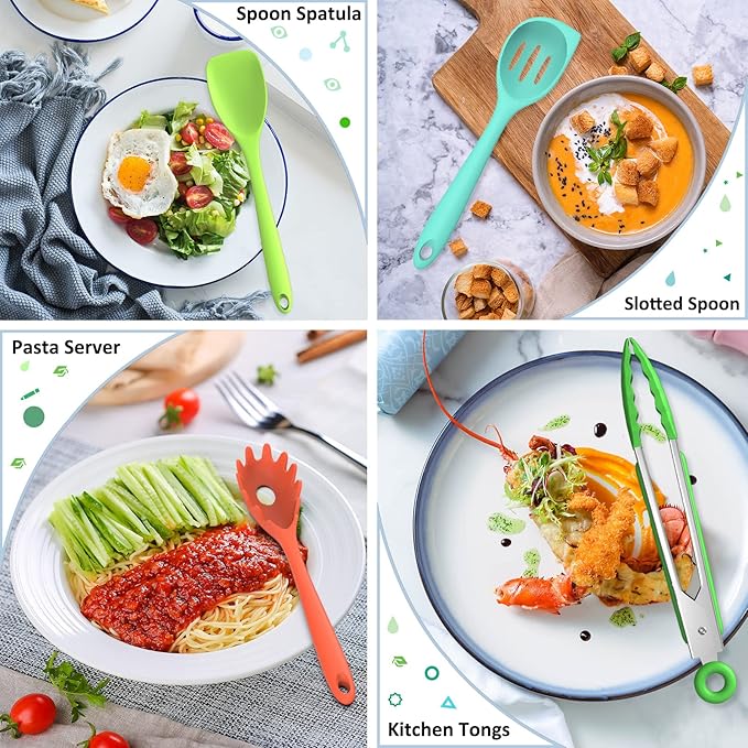 Silicone Kitchen Utensils Set, 16-Piece Silicone Cooking Utensils by Deedro, Heat Resistant Kitchen Tools Set with Holder, Nonstick Spatula Kitchen Gadgets for Cooking & Baking, Colorful