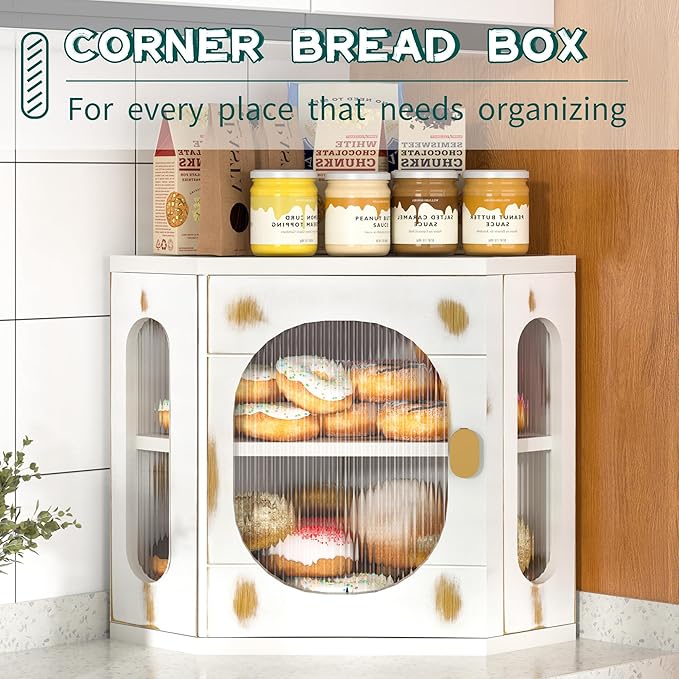 Corner Bread Box for Kitchen Countertop, Large Wooden Bread Box, Double Layer Bread Storage Bin, Bamboo Breadbox for Homemade Bread, Farmhouse Kitchen Organizer with Acrylic Window