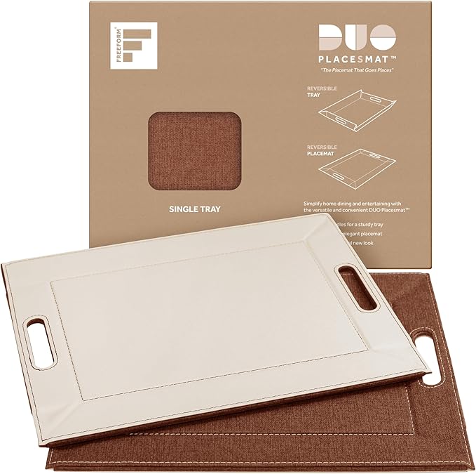 PLACEsMAT 2-in-1 Faux Leather Placemat & Serving Tray | Reversible Design, Lays Flat & Easy to Clean | Ottoman Food Tray, Perfect Housewarming Gift, 18” x 14” (Fabric Tan & Cream, Single)