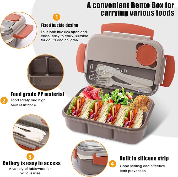 Bento box adult work lunch box, adult container, with 4 compartments, lunch container with cutlery (knife, fork, spoon, sauce box), animal fruit fork, microwave and dishwasher safe, Bee gray