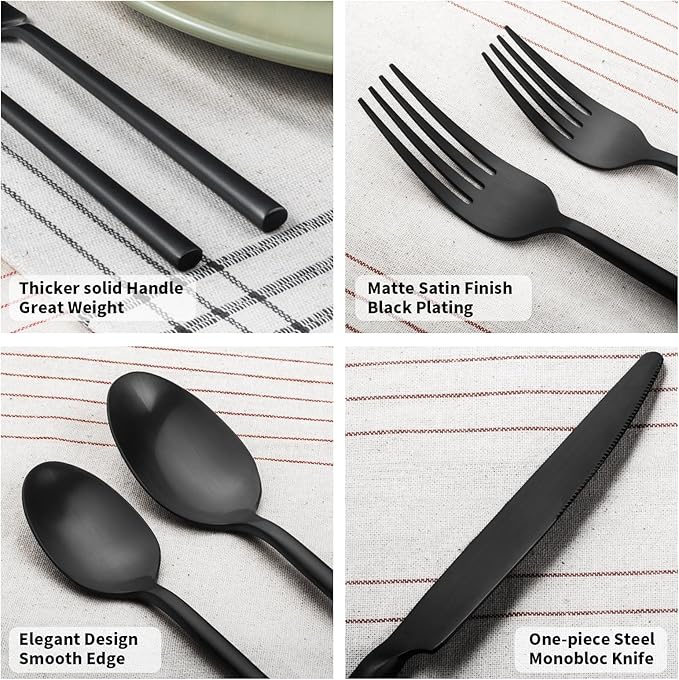 Alata Potter Black 45-Piece Forged Silverware Set with Utensil-Serving Set, Service for 8, Stainless Steel Flatware Set, Modern Design with Satin Finish, Ideal for Home, Kitchen, Party, Camping