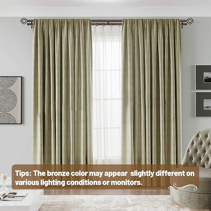 KAMANINA 1 Inch Double Curtain Rod 140 to 195 Inches (12-16 Feet), Antique Bronze Curtain Rods for Windows 60 to 191, Heavy Duty Telescoping Drapery Rods with Twisted Cage Finials