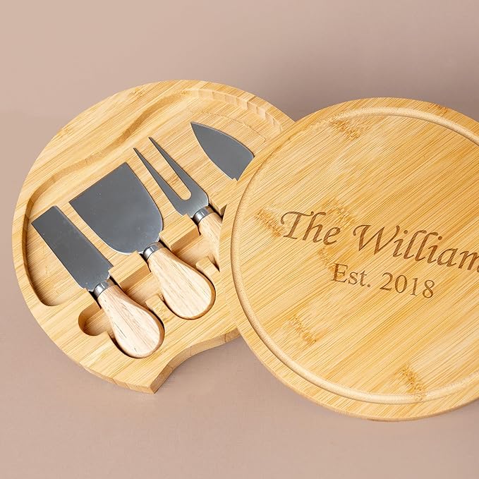 Custom engraved luxury charcuterie board & knife set/4pcs, personalized cheese chopping serving tray for food, for table decoration, personalized gift for dinner hostess (Your text (Est. Year))