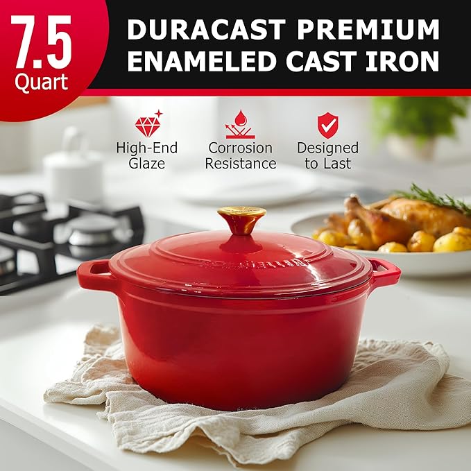 MUELLER HOME 7.5 QT Enameled Cast Iron Dutch Oven, Heavy-Duty Casserole Dish and Braiser Pan with Lid and Stainless Knob, Oven-Safe up to 500° F & Across All Cooktops, Red