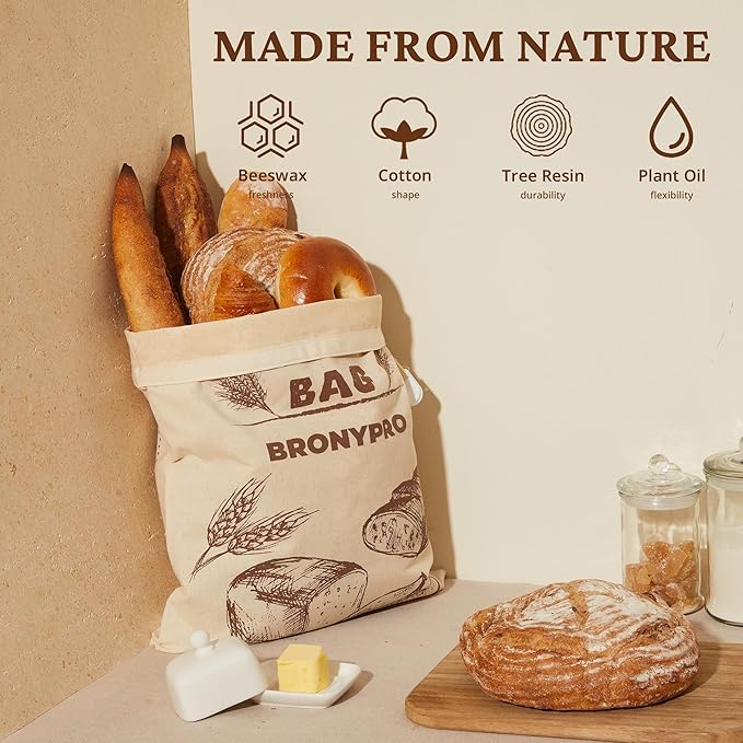 BRONYPRO Beeswax Linen Bread Bags for Sourdough, 2 Pack XL Reusable Waxed Bags for Homemade Bread Rounds, Breathable Sourdough Loaf Storage, Eco-friendly & Long-latsing, Beige