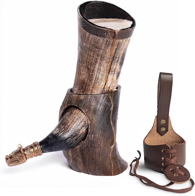 Norse Tradesman Genuine 12" Ox-Horn Viking Drinking Horn with Antique Brass Rim & Wolf Tip, Brown Leather Belt Holster, Fitted Stand & Burlap Gift Sack - The Fenrir, 12-Inches, Low Polish