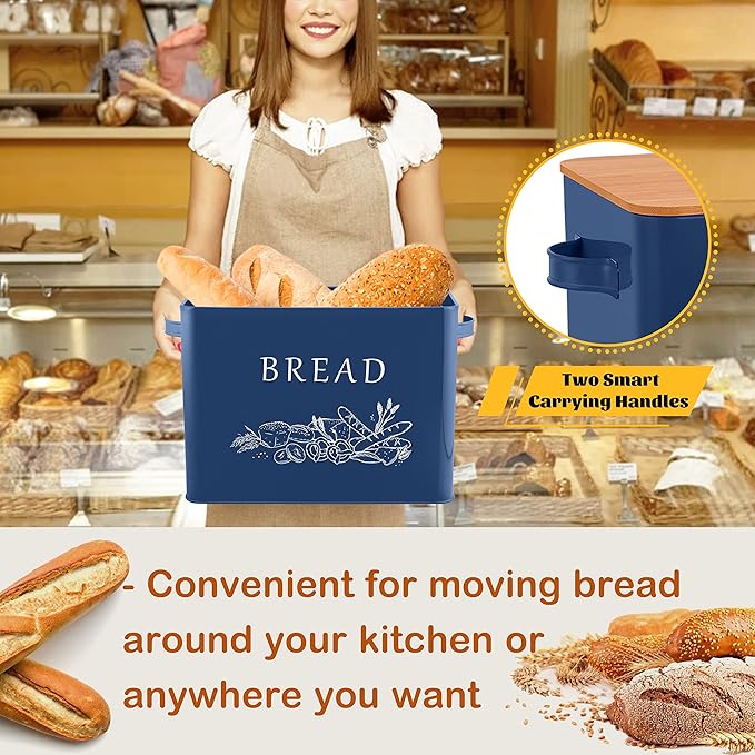 E-far Bread Box for Kitchen Countertop, Metal Bread Storage Container Bin with Bamboo Lid for Cutting Bread, Extra Large & Farmhouse Style, 13” x 7.2” x9.8”, Navy Blue