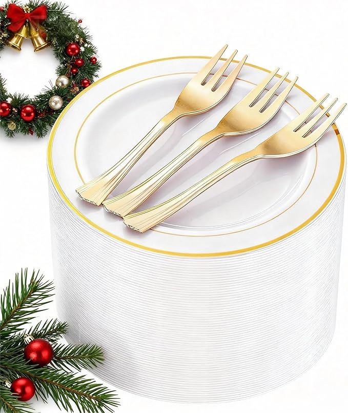 WELLIFE 120 PCS Plastic Dessert Plates and 120 PCS Forks, 6.3 inch Disposable Salad Plate, Premium White Appetizer Plates with Gold Rims Perfect for Parties, Weddings and Christmas
