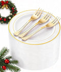 WELLIFE 120 PCS Plastic Dessert Plates and 120 PCS Forks, 6.3 inch Disposable Salad Plate, Premium White Appetizer Plates with Gold Rims Perfect for Parties, Weddings and Christmas