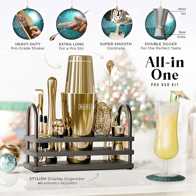 BARE BARREL® Mixology Bartender Kit Bar Set | 14-Piece Cocktail Shaker Set | Martini Barware Mixing Tools for Home Bartending | 35 Recipe Cards | Gift Set (28oz Boston Shaker, Gold/Black)