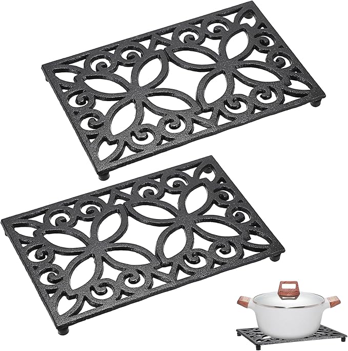 Sumnacon 9.4 x 6.1 Inch Cast Iron Trivet 2 Pack Iron Trivets for Hot Dishes Pots Pans Plates Teapots with Rubber Feets, Sturdy Metal Trivet for Kitchen Dining Table Cooktop, Black