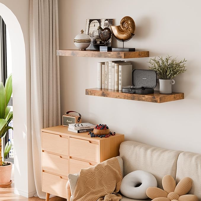 Rustic Brown 24 Inch Floating Shelves for Wall, 10 Inch Deep Floating Shelves, Wall Shelves for Bathroom Over Toilet, Live Edge Display Shelf with Invisible Brackets for Bedroom, Home Decor