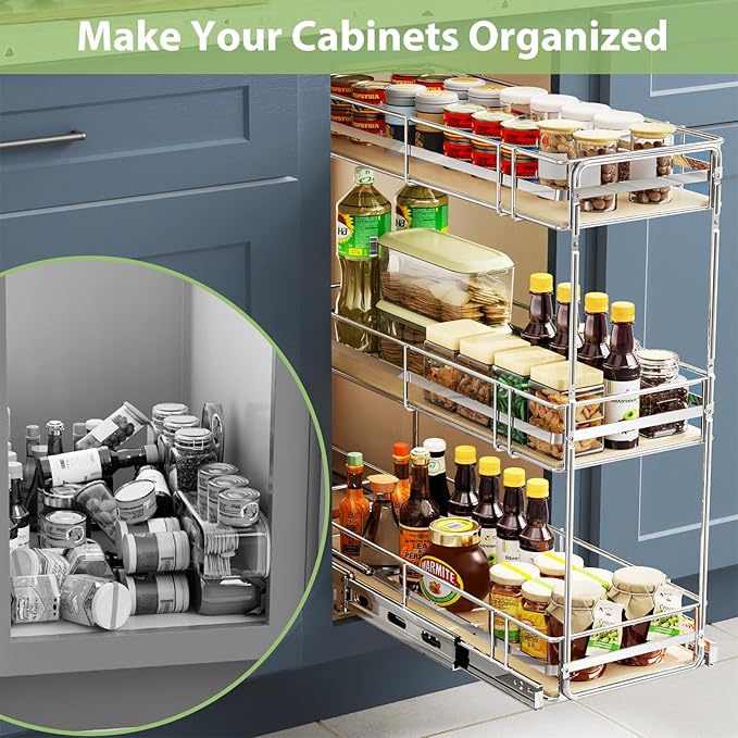 ROOMTEC 3-Tier Pull Out Cabinet Organizer Spice Rack for Narrow Cabinet 7" W x 20½" D, Slide Out Wood Shelves Storage for Kitchen