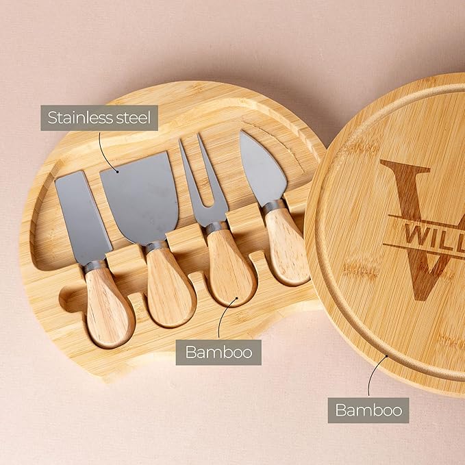 Custom engraved luxury charcuterie board & knife set/4pcs, personalized cheese chopping serving tray for fruits, food, dessert, bread for table decoration, personalized gift for dinner host (Monogram)