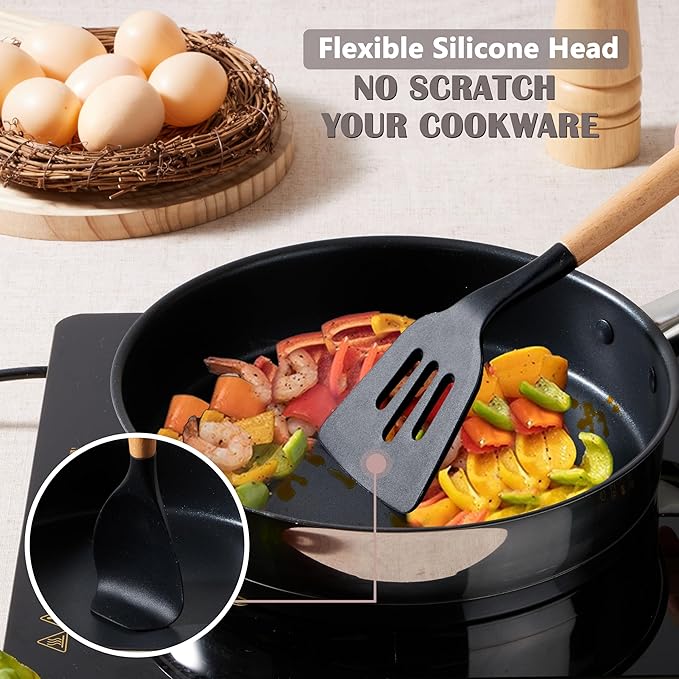 E-far Silicone Cooking Utensils Set, 5-Piece Black Kitchen Utensils Set with Wooden Handle for Cooking, Silicone Kitchen Nonstick Tools Spatula Turner Slotted Spoons, Nontoxic & Heat Resistant-Black