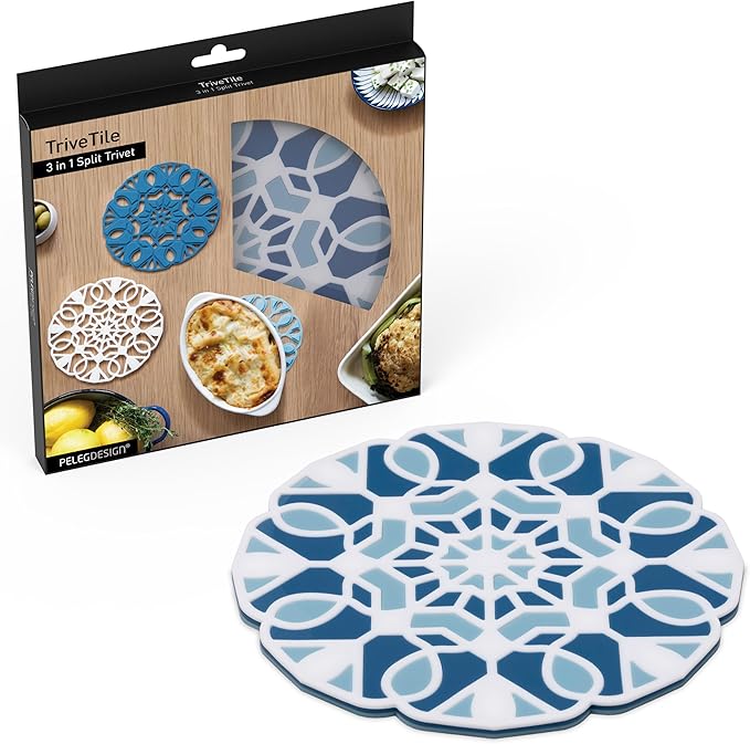 Peleg Design TriveTile Trivet Set – for Hot Pots and Pans - Fun and Decorative – Non-Slip Heat-Resistant Kitchen Trivets - Split into 3 Trivets, Holds 3 Dishes Simultaneously - 7x7 inches (Navy)