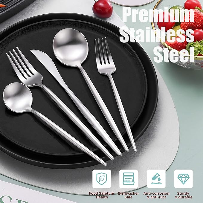 Lemeya Matte Silverware Set for 8,Modern Stainless Steel Brushed Cutlery Set,40-Pieces Heavy Duty Flatware Set,Knives Spoons and Forks Set Utensils Set, Satin Finish, Dishwasher Safe