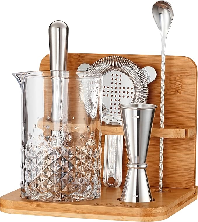 Crystal Cocktail Mixing Glass Set with Bamboo Stand - 22 Oz 650ml - Thick and Sturdy Bottom, Durable and Seamless Design with Bar Accessories Gift Set