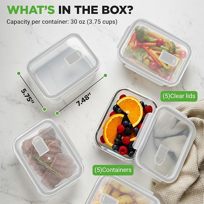 NutriChef 10-Piece Superior Glass Food Storage Containers Set (5 Containers + 5 Locking Lids),Stackable Meal-prep Design, BPA-free Airtight Clear Locking lids with Vent Lids & Air Hole, Gray