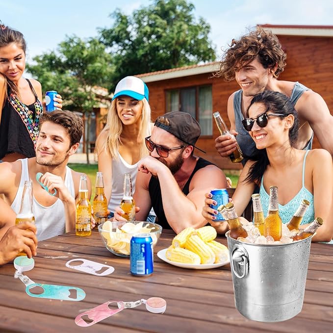 6 PCS Flat Bottle Opener, Mini Retractable Stainless Steel Beer Opener with Round Badge Flat Beer Bottle Opener with Belt Clip for Kitchen Restaurant Party 3.54" x 1.18"