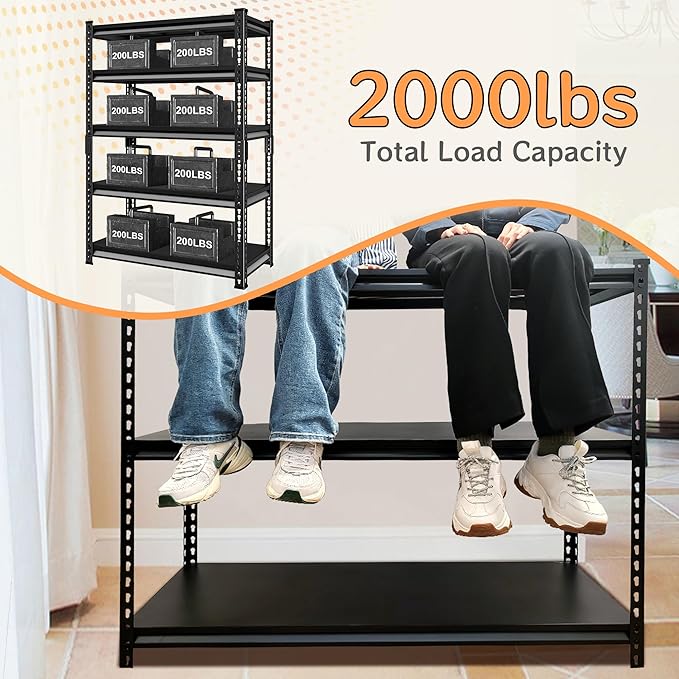 40''W Utility Garage Shelves: 2,000Lbs Heavy Duty Steel Metal Adjustable Shelving Storage Industrial Rack Units 5 Tier Black 40" W x 16" D x 78" H