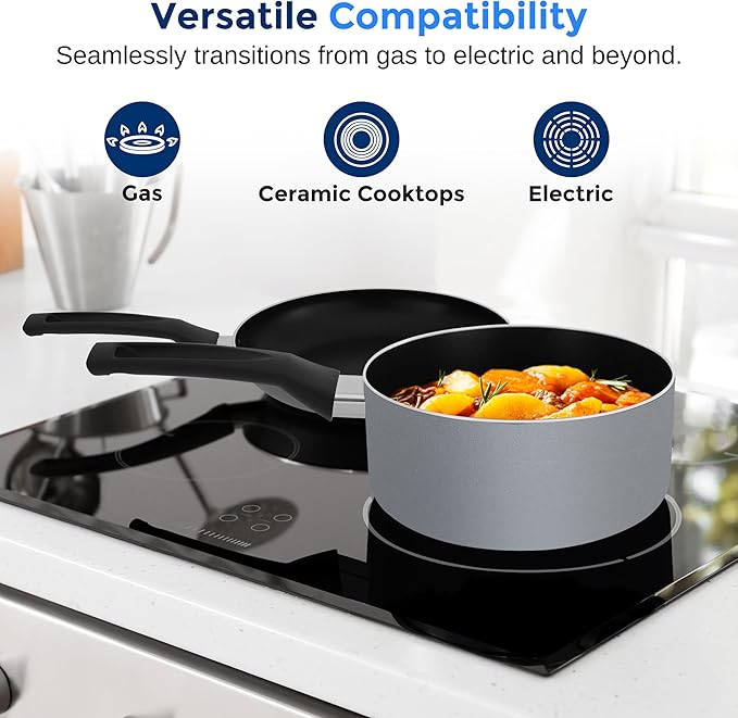 SereneLife Kitchenware Nonstick Cookware set, Non-Stick Coating Inside, Basic Kitchen Pots and Pans set, Heat Resistang Lacquer (11 Piece set), One Size, Gray