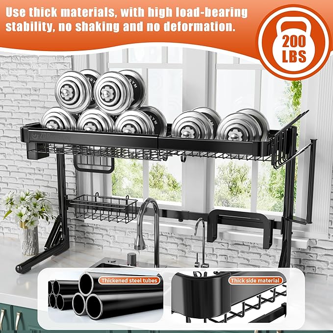 ZDRongZhen Over The Sink Dish Drying Rack,2 Tier Full 304 Stainless Steel Dish Drainer Rack,Adjustable Length (22.8''~35.04'') Kitchen Storage Counter with Cup Hanging Set and Hooks (Black-2Tier)