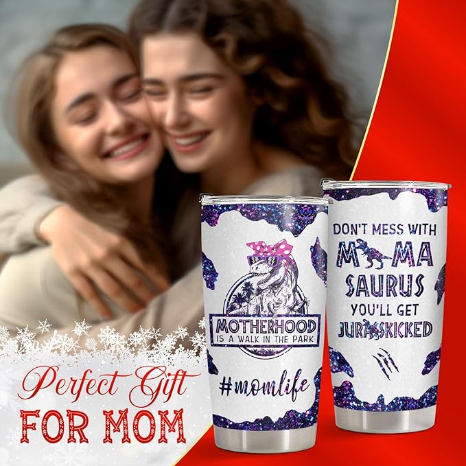 34HD Funny Dinosaur Mom Gifts, Purple Mamasaurus Tumbler with Lid, 20oz Stainless Steel Vacuum Insulated Momma Drinking Cup, Mothers Day Gifts for Mom from Son Daughter Husband