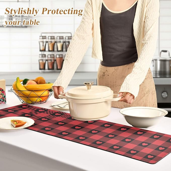 Valentine's Day Trivet Table Runner 40 Inches Long Red Buffalo Check Gingham Love Heart Valentine's Day Heat Resistant Hot Pad Multi Purpose Mat for for Hot Pots Pans Kitchen Countertops