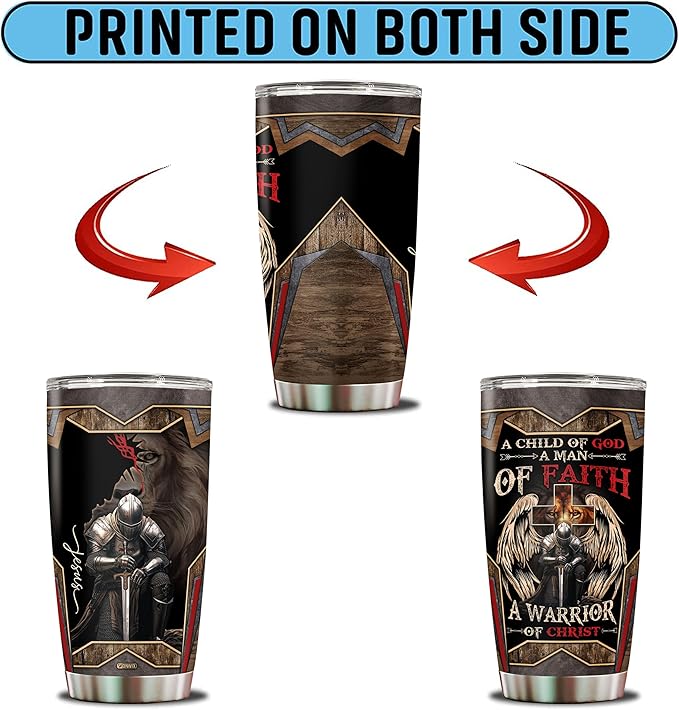 A Child of God Man of Faith Warrior of Chirst Jesus Tumbler 20oz Stainless Steel Cups with Lid Travel Mug Coffee Cup Christian Gifts For Men Dad Husband Grandpa Christmas Birthday Fathers Day