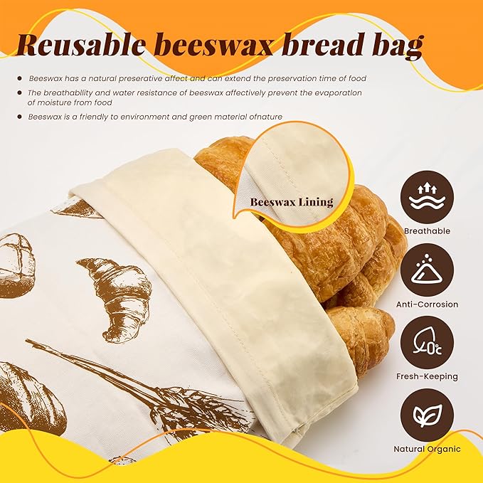 Reusable Beeswax Bread Bags - 2 Pack Airtight Food Storage for Homemade Sourdough & Bakery Bread Organic Cotton, Natural Beeswax Lined.