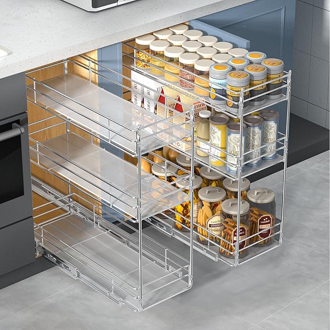 Pull Out Spice Rack Cabinet Organizer (7" W X 20½" D),3 Tier Slide Out Drawer for Narrow Cabinet, Pull Out Shelves Under Cabinet Storage for Kitchen
