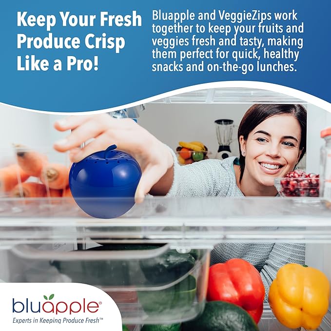 Bluapple Produce Saver Ethylene Gas Absorber & VeggieZips Ultimate Starter Pack Bundle - Fresh Vegetables & Fruits Saver, Produce Storage, Fruits & Veggies Keepers for Refrigerator, Regulates Humidity