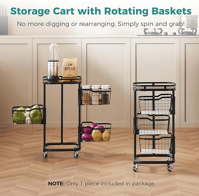 3 Tier Kitchen Fruit Vegetable Storage Cart with One-Piece Rotating Basket, Pantry Organizer Shelf Rack Floor Stand for Veggie Onion Potato Produce Spice, Rolling Snack Cart on Wheels, Black