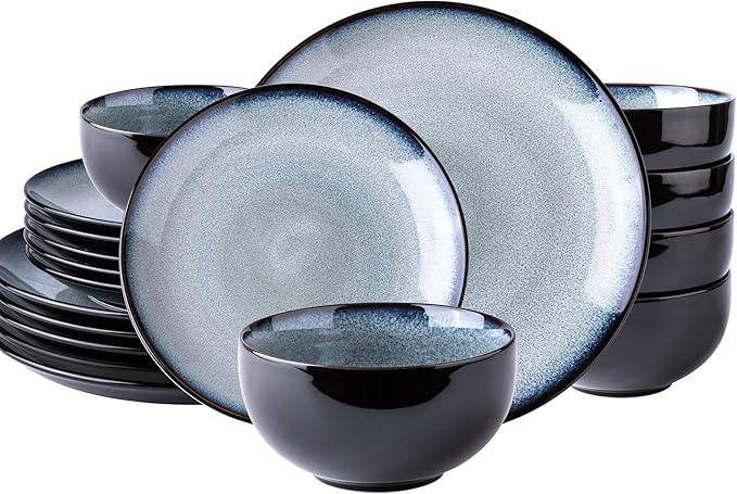LeRatio Ceramic Dinnerware Sets for 6,Stoneware Plates and Bowls Sets,Handmade Reactive Glaze Dishes Set,Chip Resistant and Scratch Resistant | Oven&Dishwasher & Microwave Safe-Gray White(18PCS)