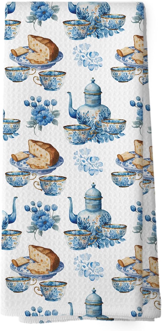 Retro Floral Teacups Kitchen Dish Towels, Vintage French Garden Tea Lover Gifts, Blue and White Flower Kitchen Decor Hand Towels Kitchen Tea Towels Decorations, 16x24inch