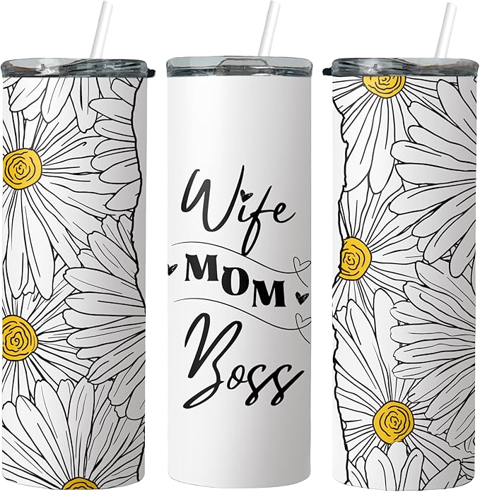 Wife Mom Boss Tumbler - Mother's Day Floral Daisy 20oz with straw and lid - Stainless Steel Tumbler - gift for women - Dishwasher safe