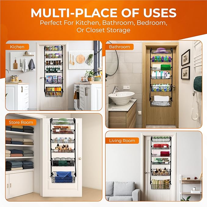 TidyTiers 6-Tier Over-The-Door Pantry Organizer – Heavy-Duty Hanging Rack with Deep Adjustable Baskets – Space-Saving Storage for Pantry, Kitchen, Closets & More