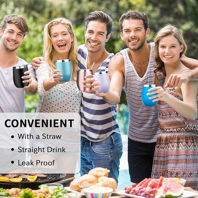 12oz/4 Pack Stainless Steel Wine Tumbler with Lids, Double WallVacuum Stainless Steel Travel Tumbler,Insulated Wine GlassesTravel Tumbler for Cold & Hot Drinks,Cup for Champaign Coffee（Blue + Purple）