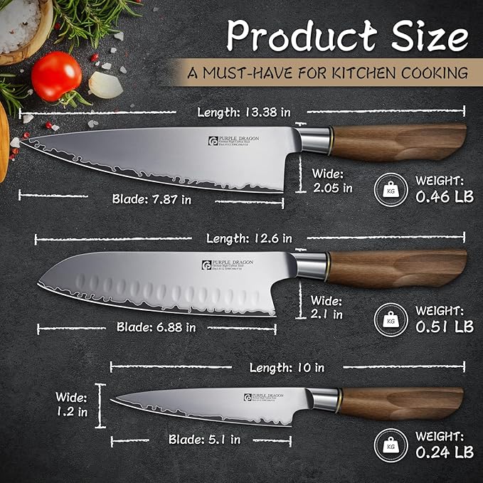 Purple Dragon Knife Set, 3Pcs Kitchen Knives Set, German VG10 Steel Japanese Chef Knives 7.8 Inch Santoku Knife 7 Inch Utility Knife 5.1 In, Razor-Sharp Knives Christmas Gift for Men and Women